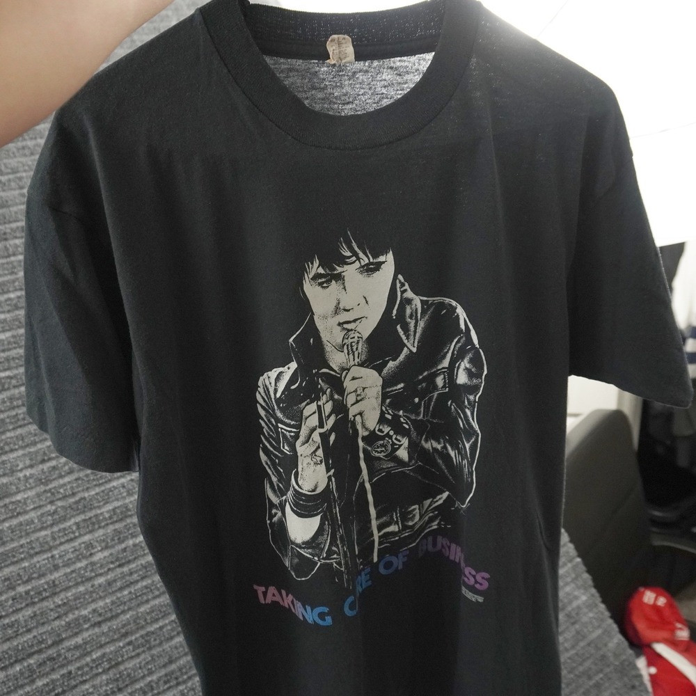 Vintage 80s Elvis Presley Paper Thin T-Shirt Mens L Black Taking Care Business